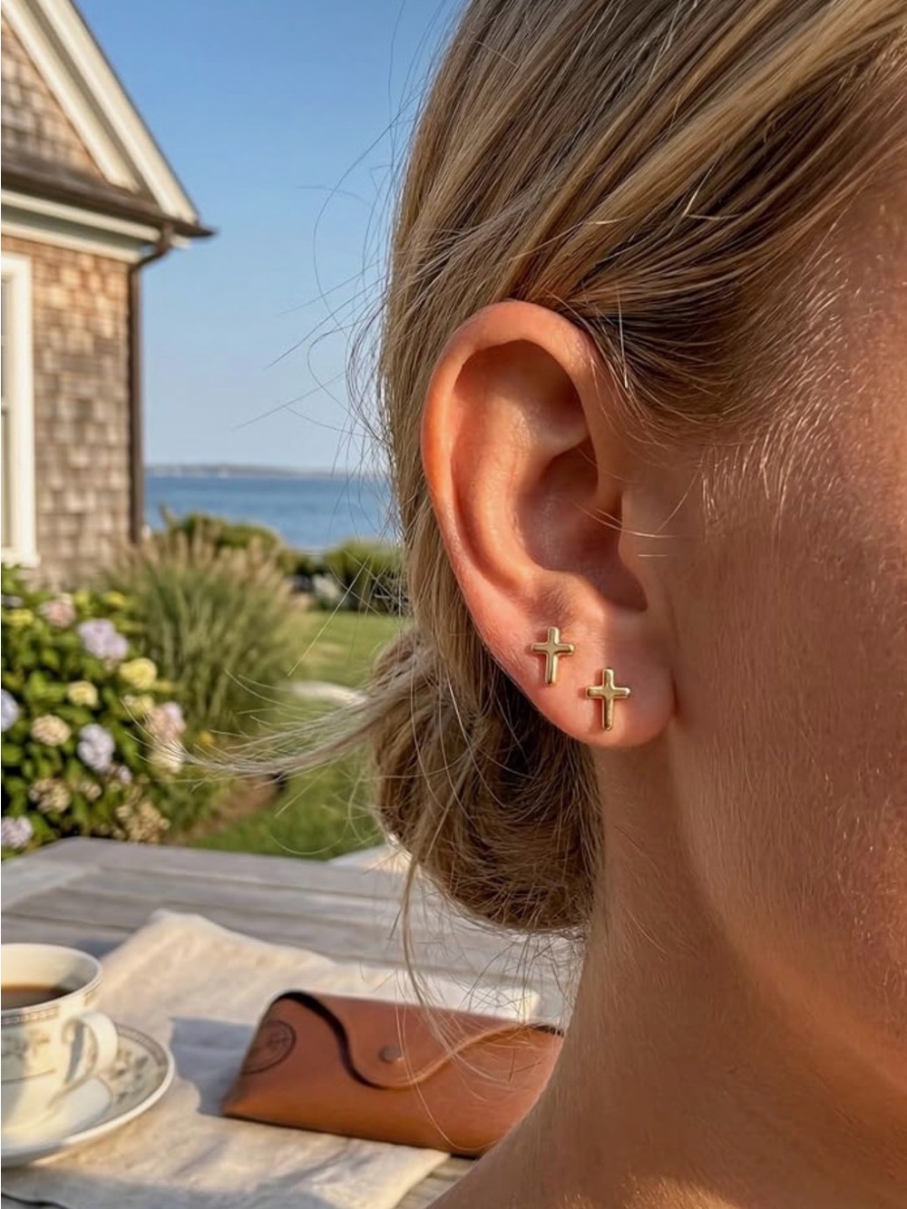 Micro cross gold earrings